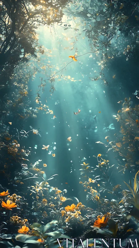 Volumetric light rays illuminate dense forest glade with drifting petals