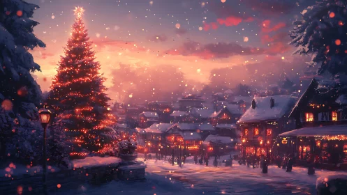 Snowy Christmas village glows warmly beneath a rosy dusk sky