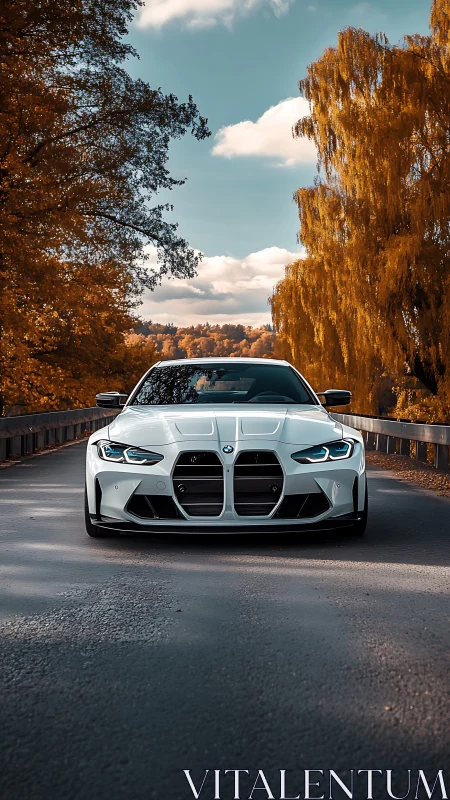 Front-facing sports coupé on autumn forest roadway at dusk.