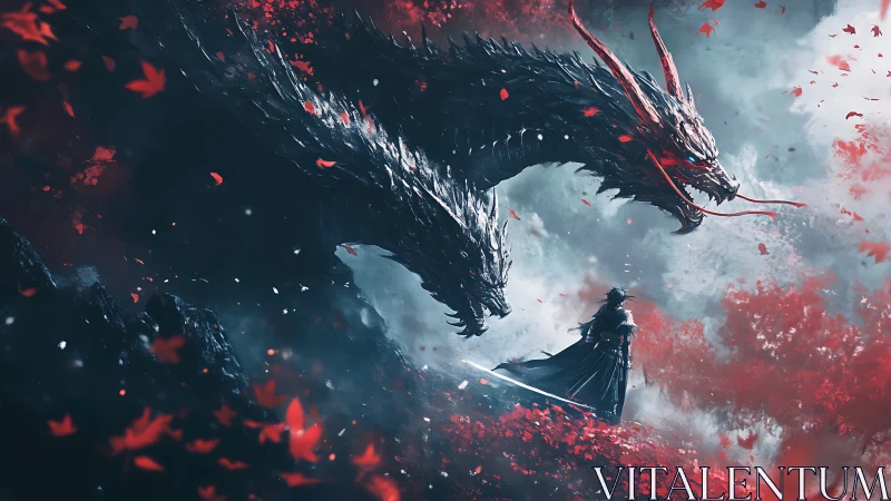 Warrior confronts twin shadow dragons amid crimson storm.