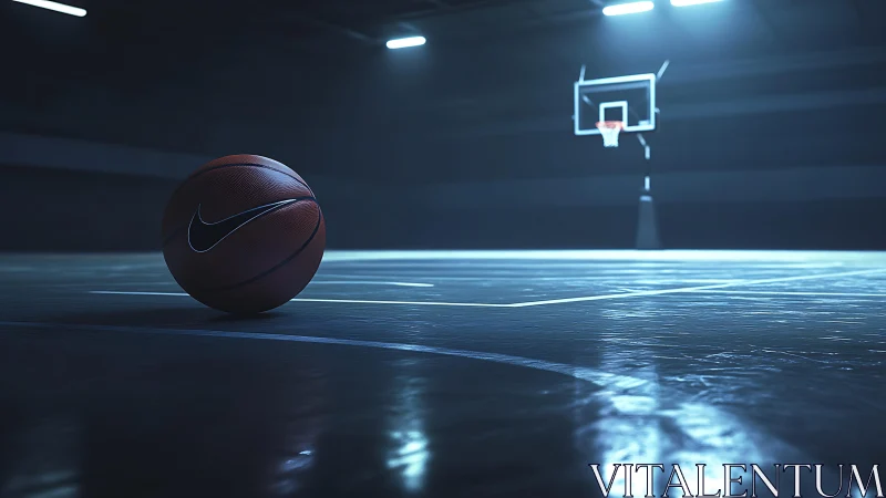 Indoor basketball court with branded ball in low light.