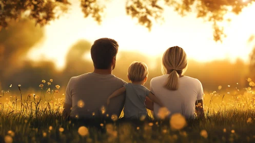 Family silhouette glows under golden summer sunset light.