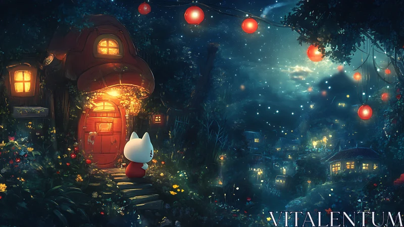 Little moonlit wanderer outside a glowing forest doorstep.