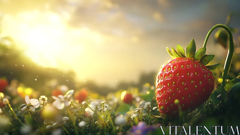 Sunlit strawberry glows among tiny flowers at dawn.