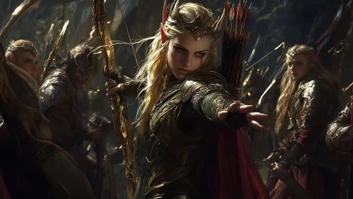Elven archer draws bow amid armored warriors in forest battle