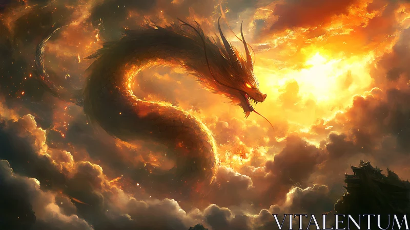 Fire dragon coils through burning stormlit sunset sky.