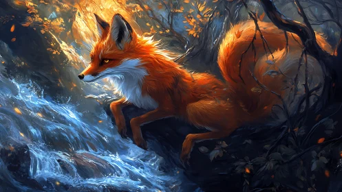 Vivid red fox studies rushing forest stream in cool light