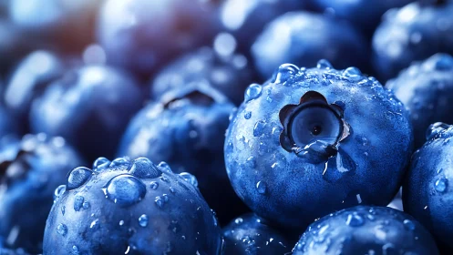 Glowing fresh blueberries glisten with dew in vivid closeup