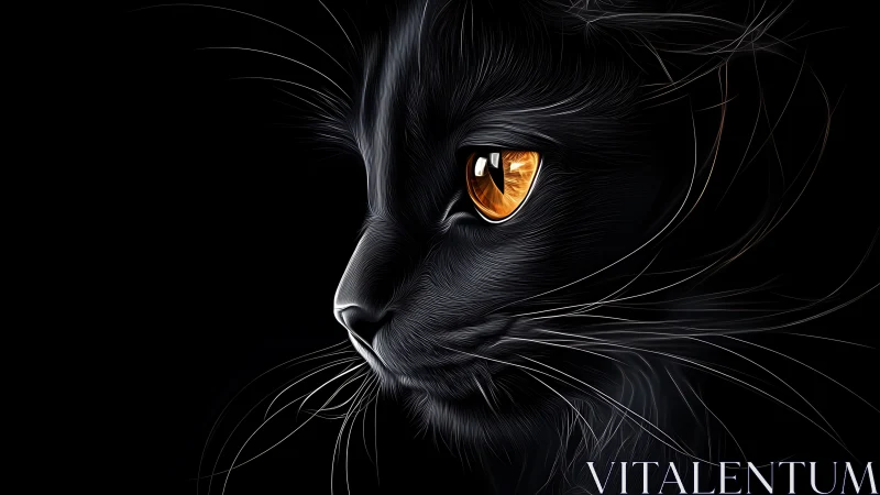 Black Cat Head Study with Luminous Amber Eyes and Detailed Whisker Geometry