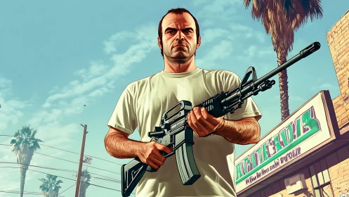Armed man in stylized urban streetscape holds assault rifle