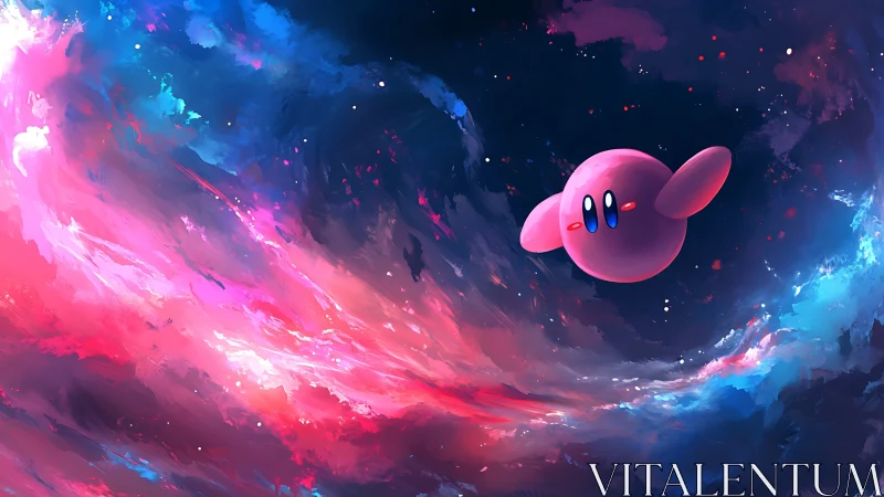 Pink spherical character drifts within turbulent nebula field