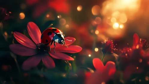 Ladybug lantern walk across ember-petaled twilight bloom.