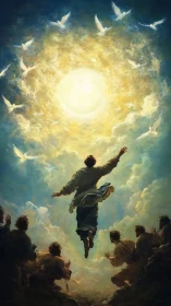 Man ascends toward radiant sky while followers watch below.