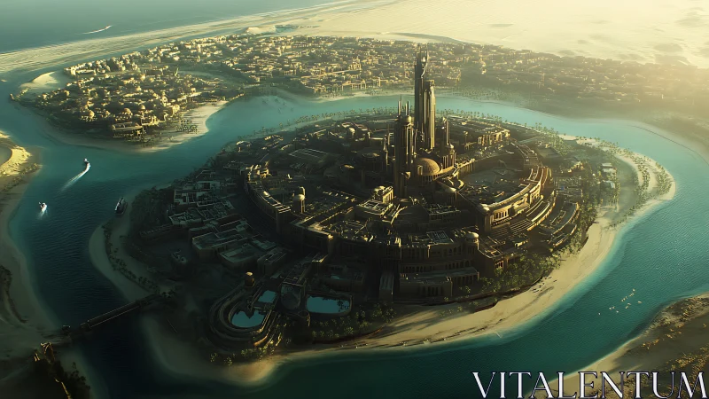 Sunlit circular desert megacity with radial waterfront fortifications.