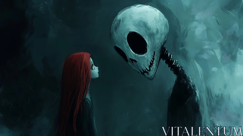 Girl with red hair faces tall skeletal figure in teal void