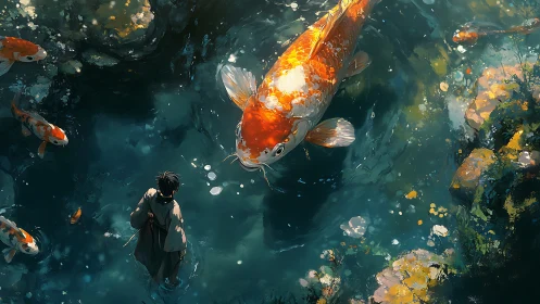 Giant koi drifts above a lone wanderer in luminous waters.