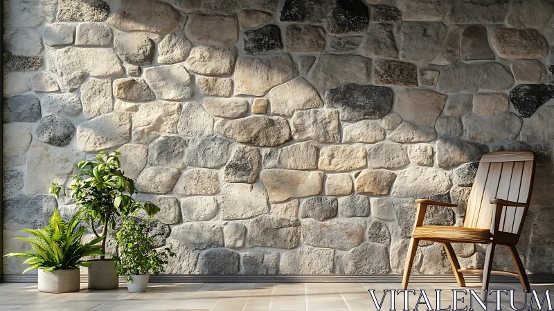 Wooden chair and potted plants against rustic stone wall.