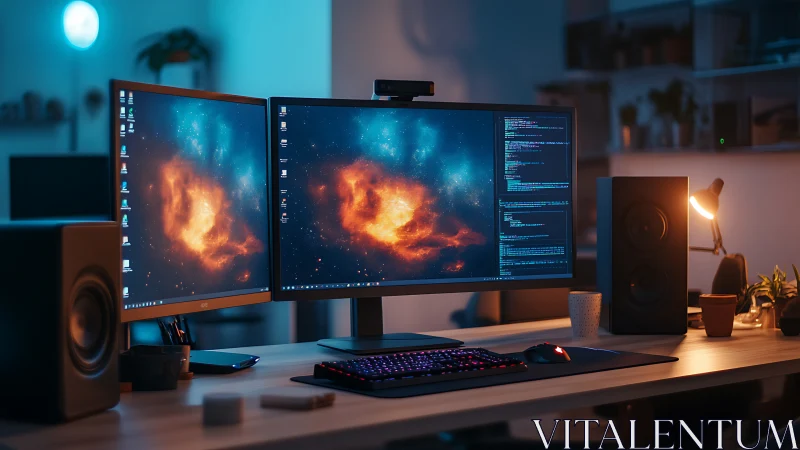 Dual-monitor coding workstation shows space nebula wallpaper