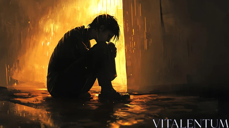 Solitary human figure in silhouette against vertical light field.