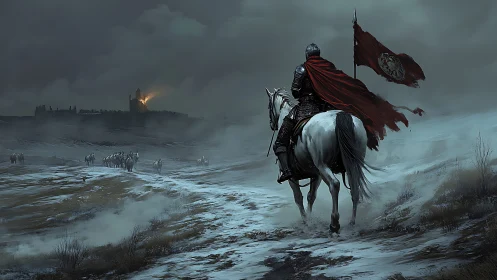 Armored rider surveys burning fortress across frozen battlefield