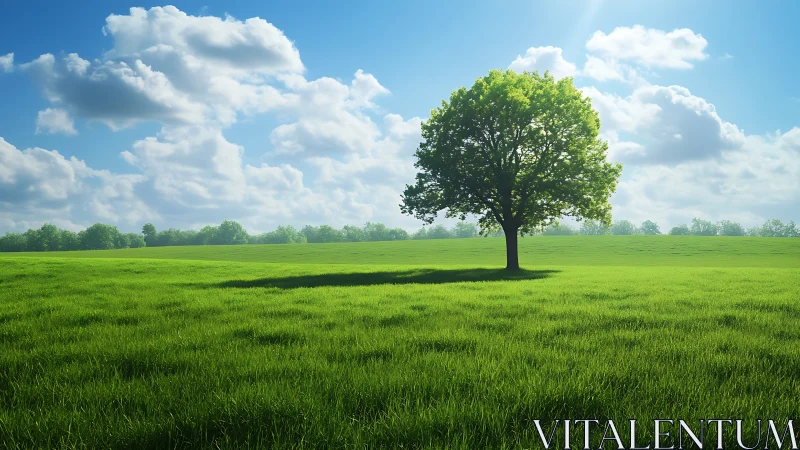 Lone green tree under bright blue sky on open meadow.