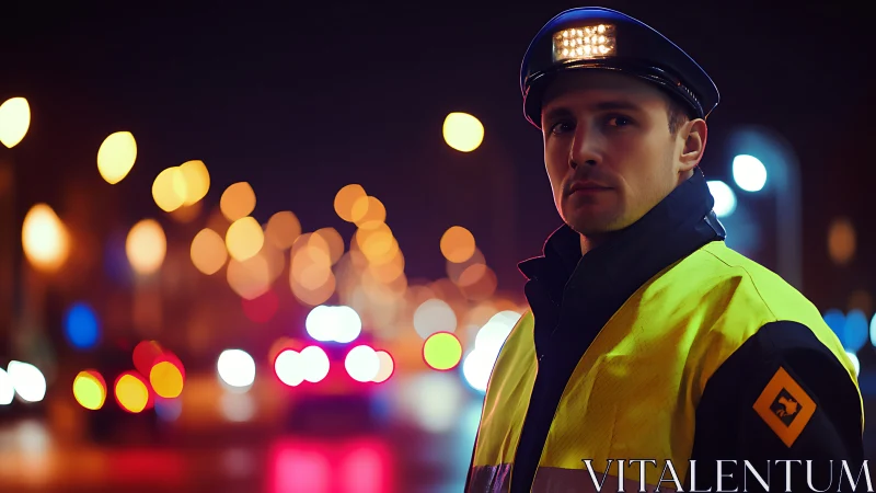 Neon street sentinel in high-vis calm under blurred sirens.