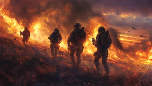 Tactical Squad Advancing Through Apocalyptic Inferno.