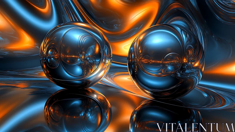 Chrome twin orbs drift through molten neon reflections.