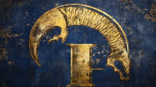 Weathered golden ram emblem on distressed blue wall.