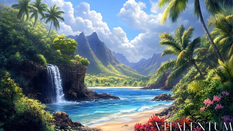 Tropical valley landscape with waterfall, beach, and jagged mountains