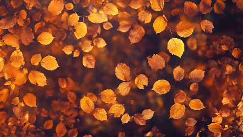 Golden autumn leaves scattered on a dark blurred background.