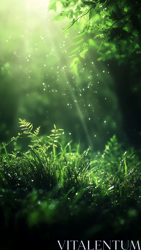 Gentle forest glow over dewy grass in a quiet green haven.