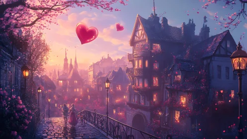 Fantasy Castle Cityscape with Luminous Hearts and Bioluminescent Flora, Golden Hour Rendering