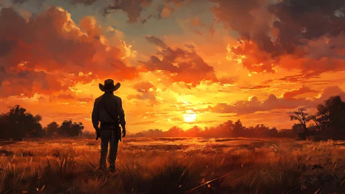 Lone cowboy watching vivid orange sunset over prairie.