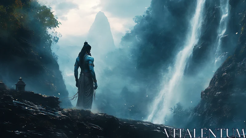 Solitary blue figure observing misty mountain falls.