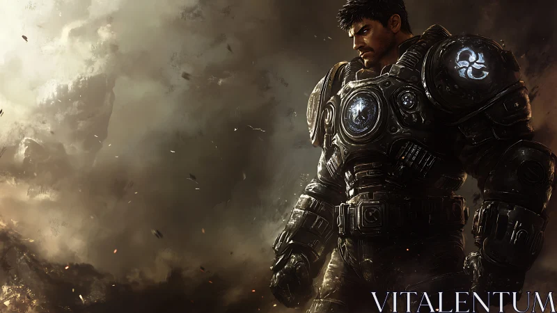 Armored space marine strides through burning stormfield.