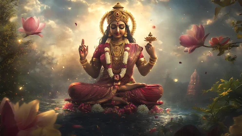 Seated multi-armed deity figure floats on lotus-filled water