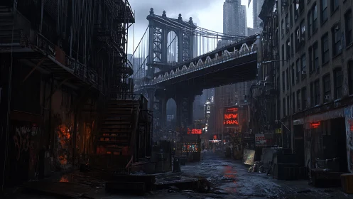 Rain-soaked cyberpunk underpass with neon-lit Brooklyn bridge