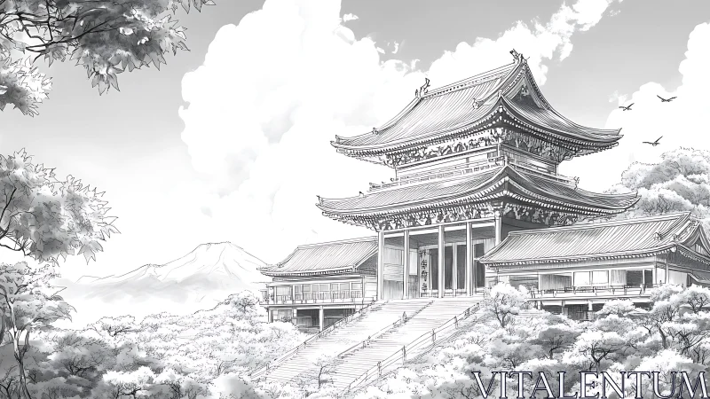 Monochrome temple complex amid trees and distant mountain.