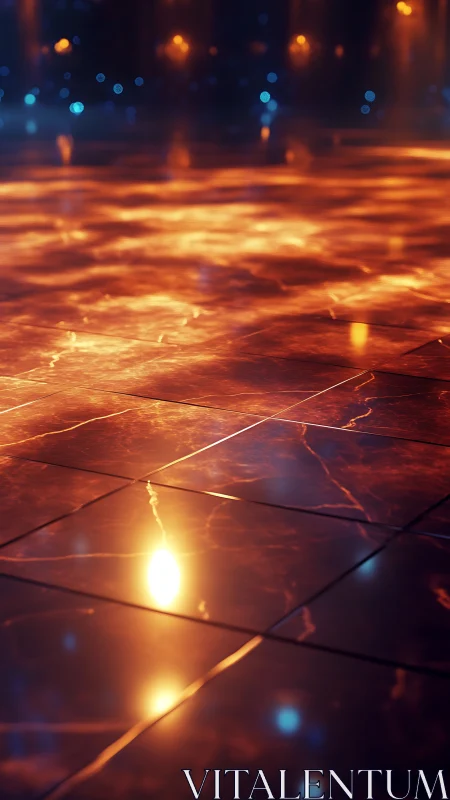 Glowing marble floor reflects warm lights in a moody hall