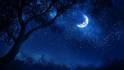 Crescent moon over silhouetted trees in deep blue night sky.