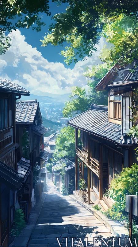 Sunlit traditional hillside street recedes toward distant valley