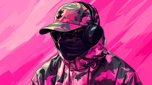 Hooded figure in pink camo with masked face and studio headphones