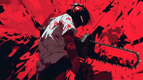 Blood-soaked chainsaw wielder dominates aggressive red backdrop