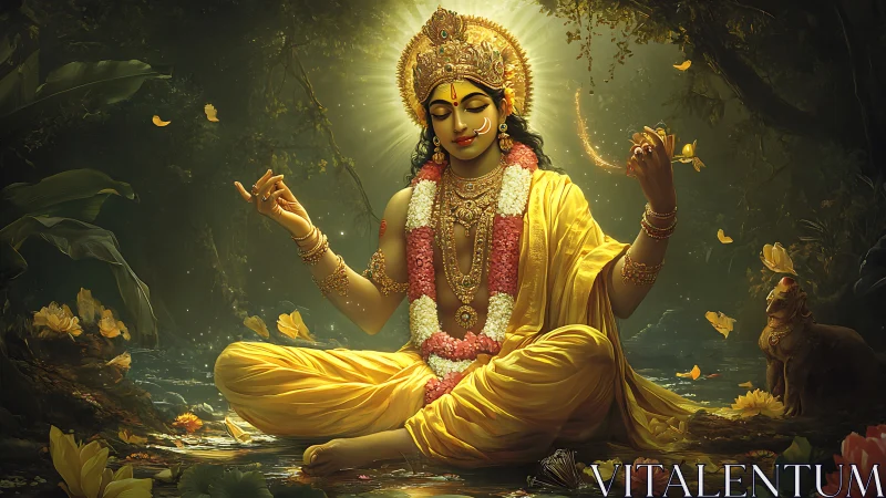 Golden forest meditation with serene divine presence.