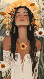 Sunlit bohemian woman breathes in wildflower summer calm