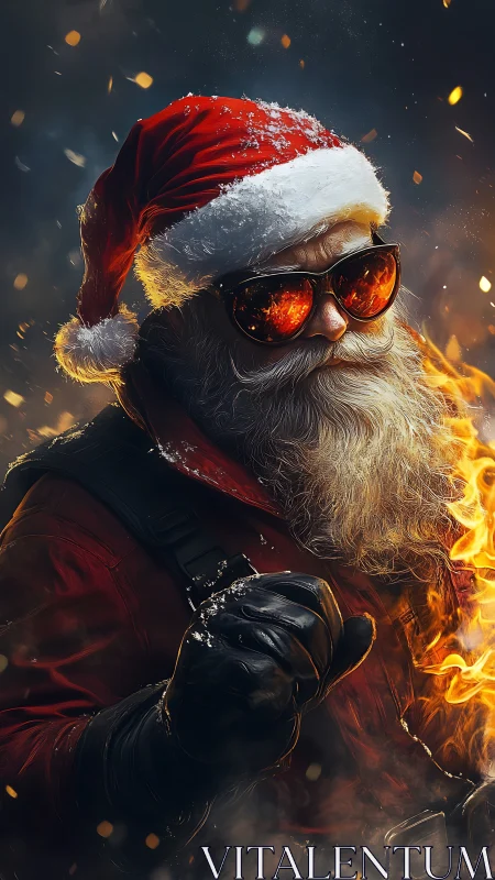 Cinematic Santa warrior portrait with high contrast lighting and embers