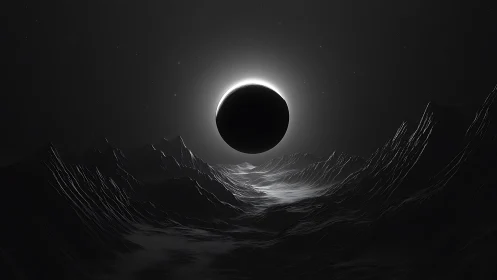 Midnight eclipse over spectral mountains in lunar silence.