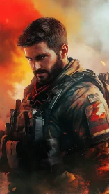 Armored soldier in tactical gear framed by cinematic fire