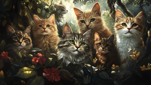 Luminous Feline Fellowship Emerges from Enchanted Forest Shadows